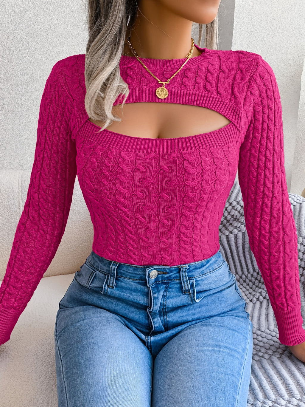 Long Sleeve High Stretch Acrylic Blend Women's Sexy Hollow-Out Knit Pullover Sweater, Skinny Fit, Solid Color, Spring/Fall Fashion Top, Crew Neck, Polyester 28%, Polyamide 22%, Viscose 28%