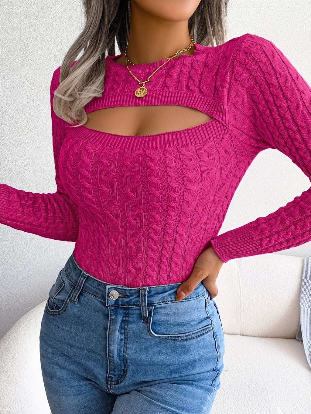Long Sleeve High Stretch Acrylic Blend Women's Sexy Hollow-Out Knit Pullover Sweater, Skinny Fit, Solid Color, Spring/Fall Fashion Top, Crew Neck, Polyester 28%, Polyamide 22%, Viscose 28%