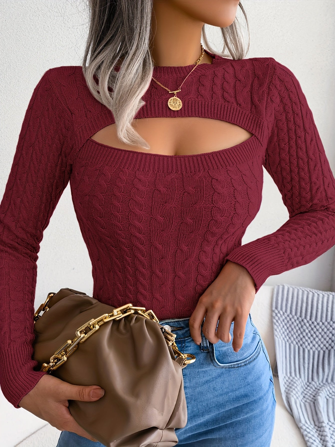 Long Sleeve High Stretch Acrylic Blend Women's Sexy Hollow-Out Knit Pullover Sweater, Skinny Fit, Solid Color, Spring/Fall Fashion Top, Crew Neck, Polyester 28%, Polyamide 22%, Viscose 28%