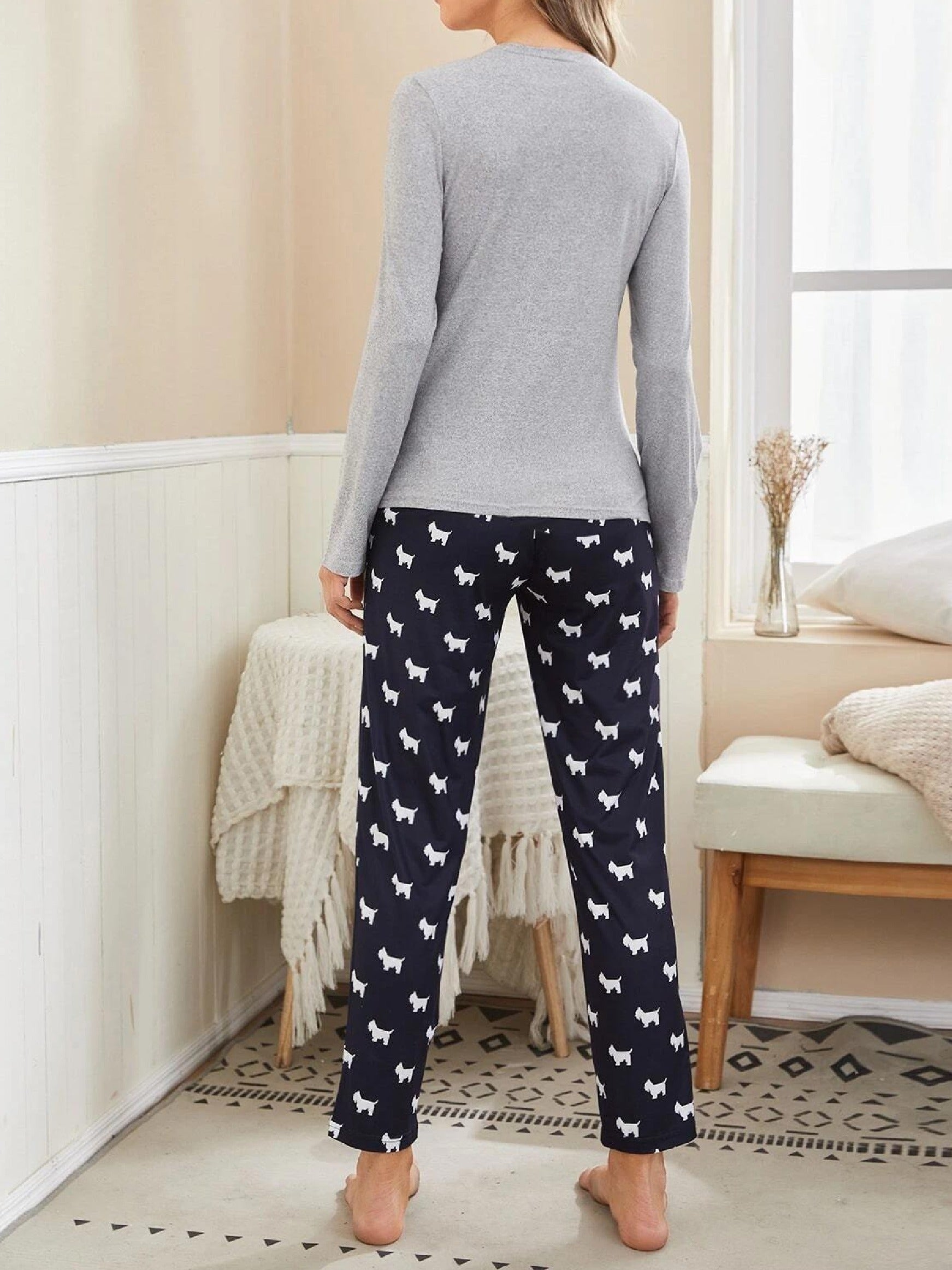Cartoon Dog Print Pajama Set, Long Sleeve Crew Neck Top & Elastic Waistband Pants, Women's Sleepwear & Loungewear