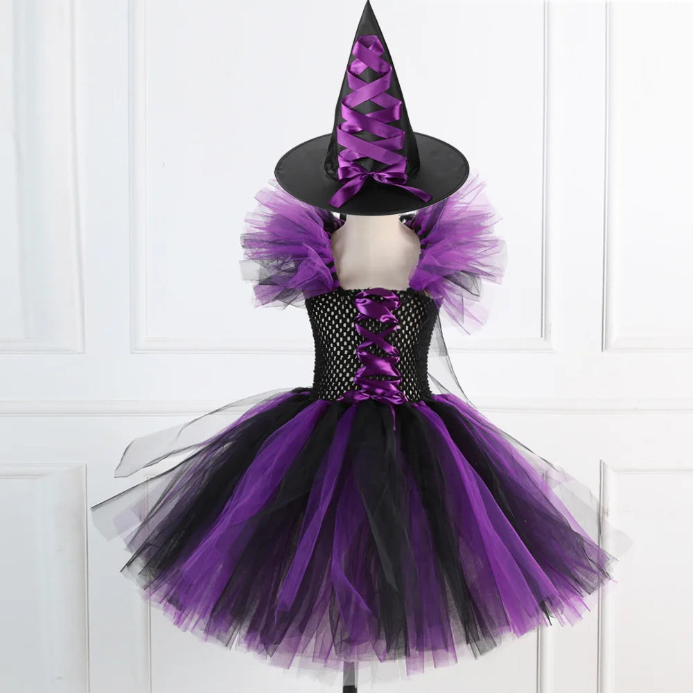 Halloween Costume for Kids Girls Witch Cosplay Tutu Knee Dress with Hat Broom Children Carnival Vestidos Fancy Clothes New