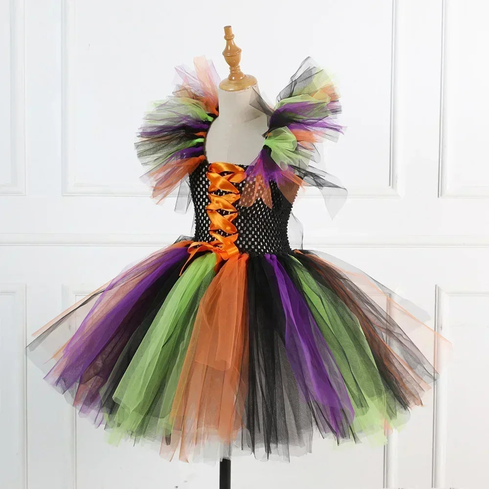 Halloween Costume for Kids Girls Witch Cosplay Tutu Knee Dress with Hat Broom Children Carnival Vestidos Fancy Clothes New
