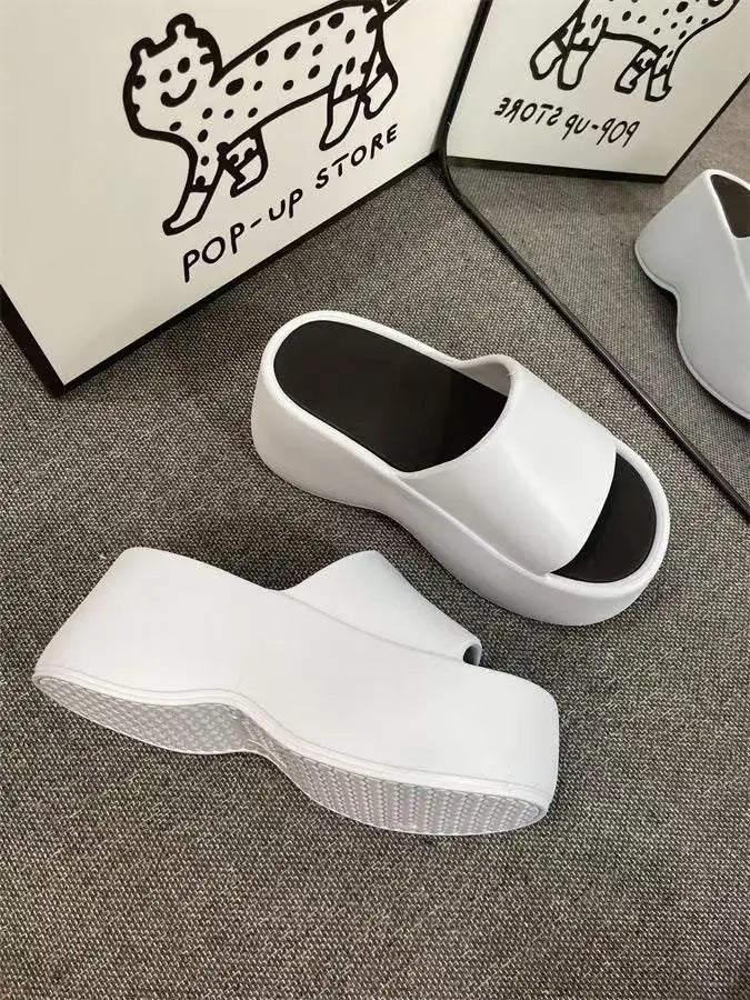 2025 New 8cm High Platform Slipper Woman White Chunky Slides Shoes For Summer Women's Height Increase Elevator Slipper