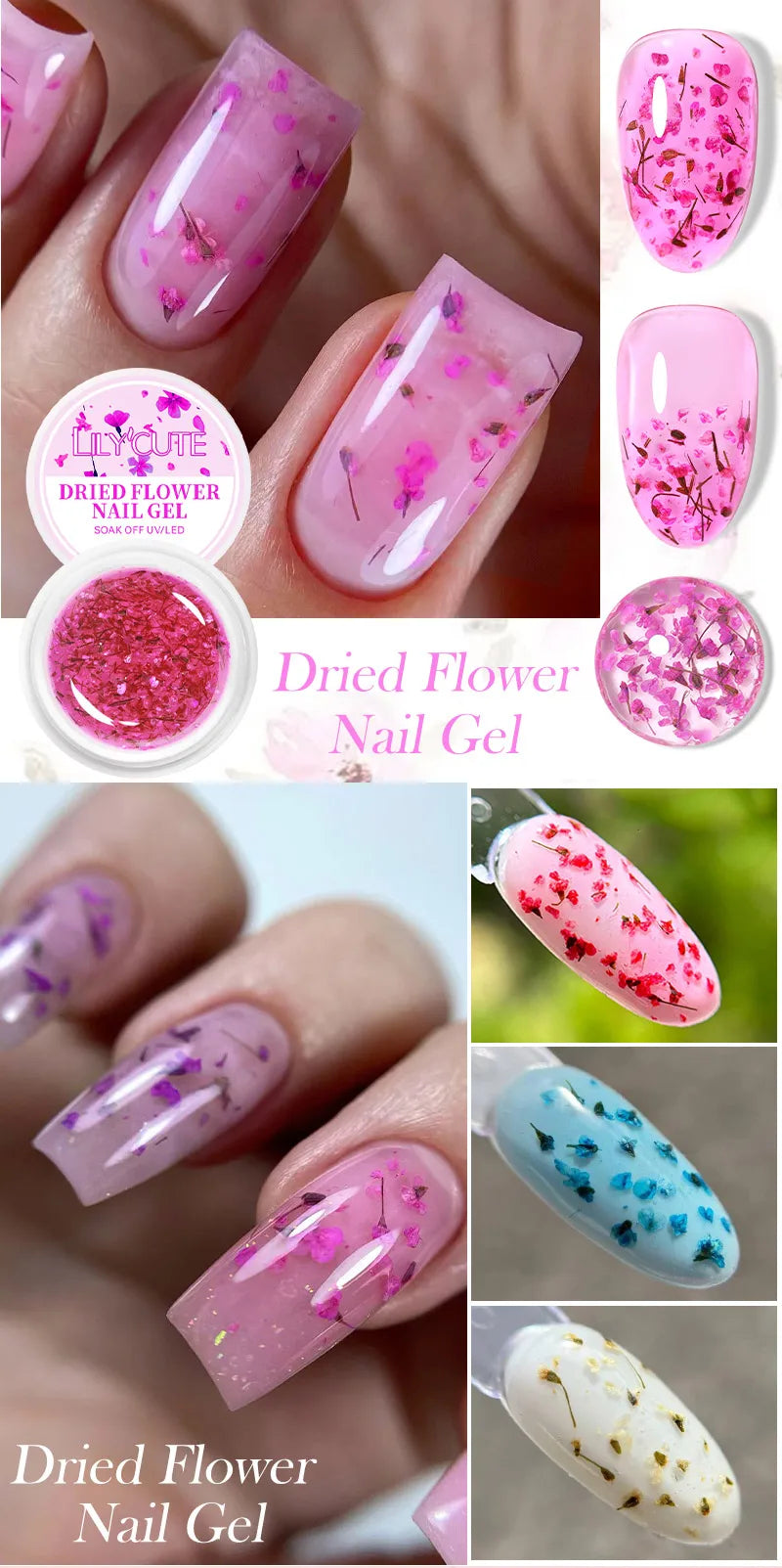 LILYCUTE 8ml Pink Dried Flower Gel Nail Polish Natural Flower Fairy Nail Art Gel Soak Off UV LED Painting Varnish For Nails DIY