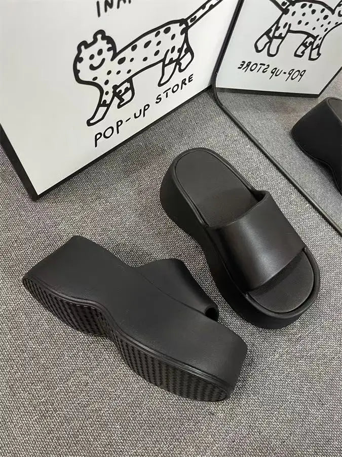 2025 New 8cm High Platform Slipper Woman White Chunky Slides Shoes For Summer Women's Height Increase Elevator Slipper