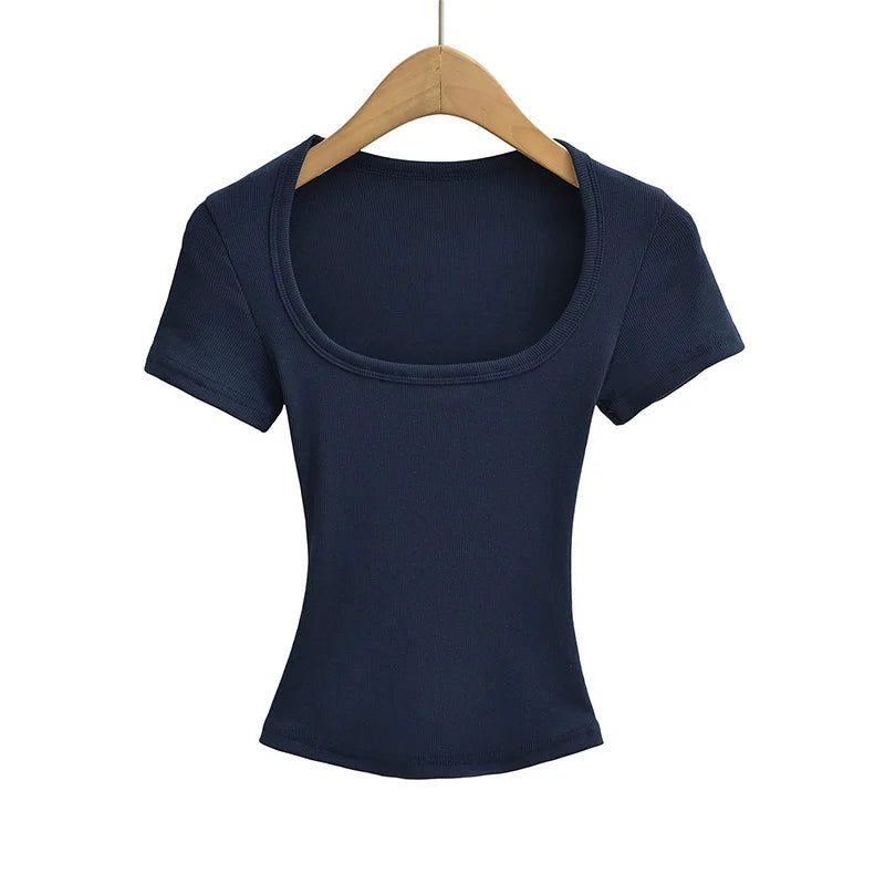 Square Collar High Stretch Summer Crop Tops Women Short Sleeve Tops Sexy Pullover Bottoming Blouses Slim T-shirt