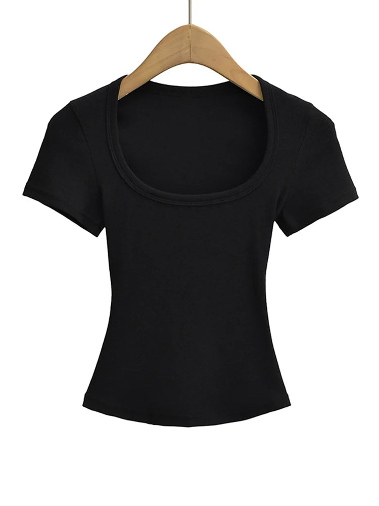 Square Collar High Stretch Summer Crop Tops Women Short Sleeve Tops Sexy Pullover Bottoming Blouses Slim T-shirt