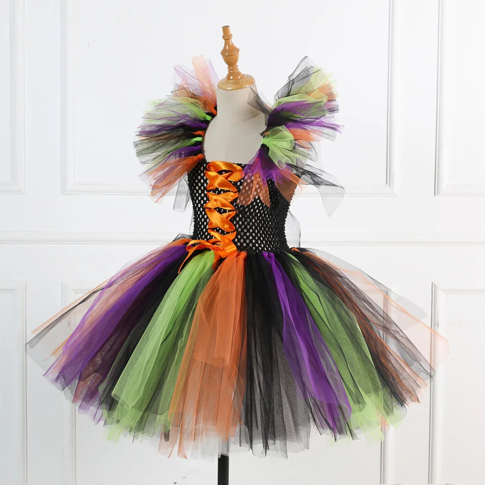 Halloween Costume for Kids Girls Witch Cosplay Tutu Knee Dress with Hat Broom Children Carnival Vestidos Fancy Clothes New