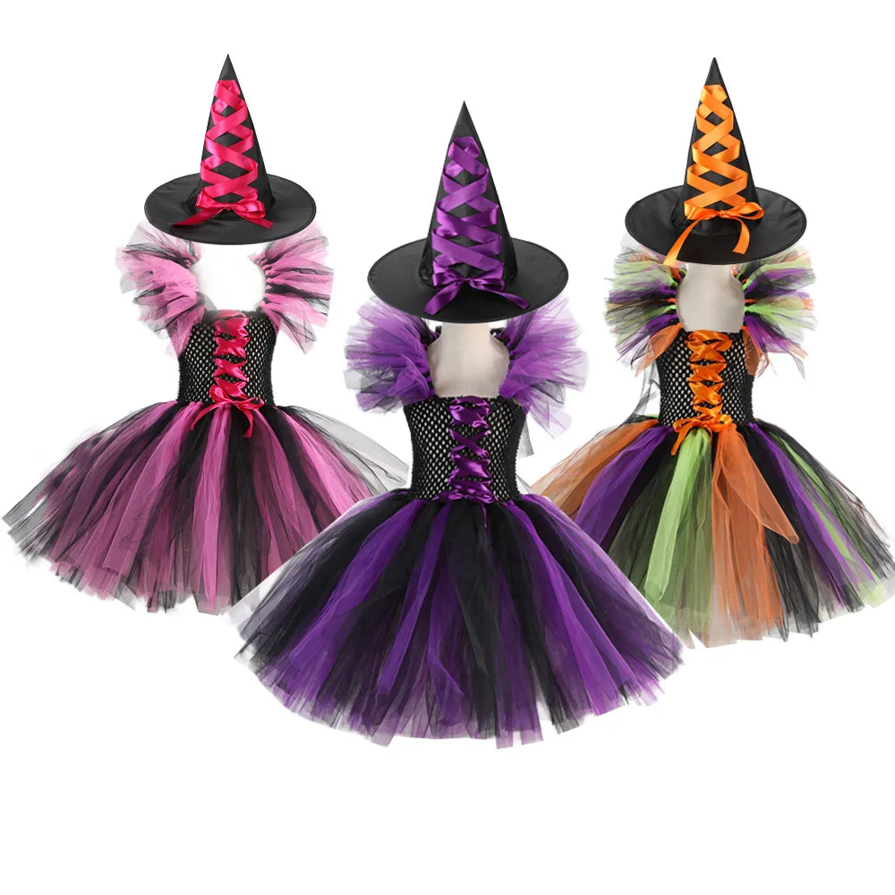 Halloween Costume for Kids Girls Witch Cosplay Tutu Knee Dress with Hat Broom Children Carnival Vestidos Fancy Clothes New