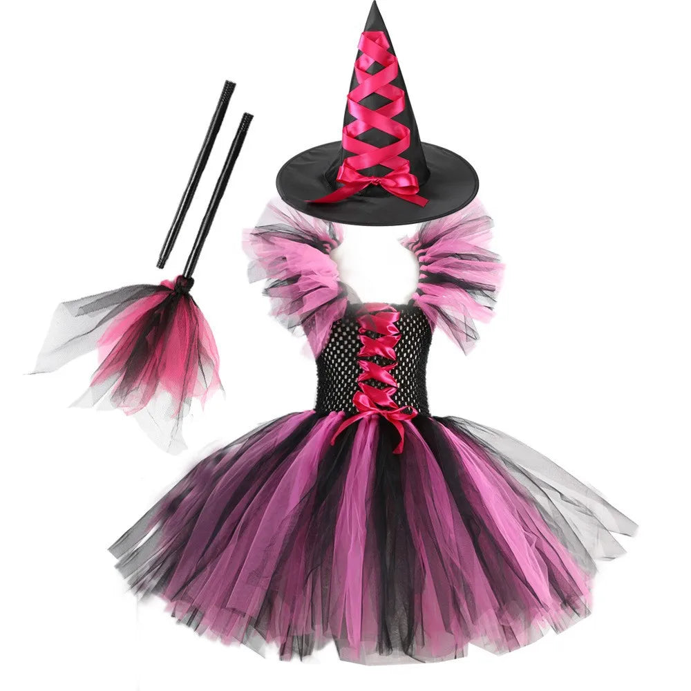 Halloween Costume for Kids Girls Witch Cosplay Tutu Knee Dress with Hat Broom Children Carnival Vestidos Fancy Clothes New
