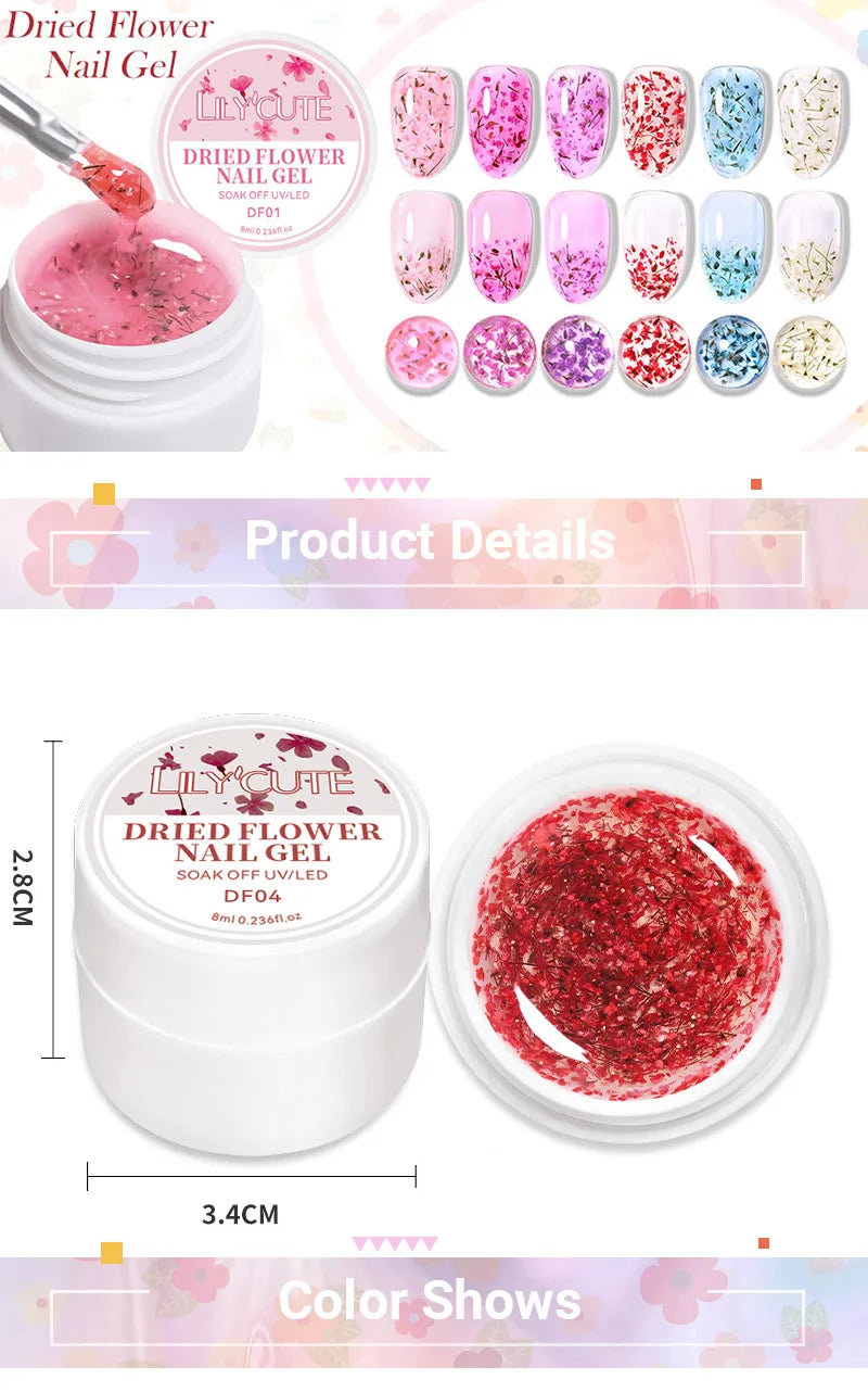 LILYCUTE 8ml Pink Dried Flower Gel Nail Polish Natural Flower Fairy Nail Art Gel Soak Off UV LED Painting Varnish For Nails DIY