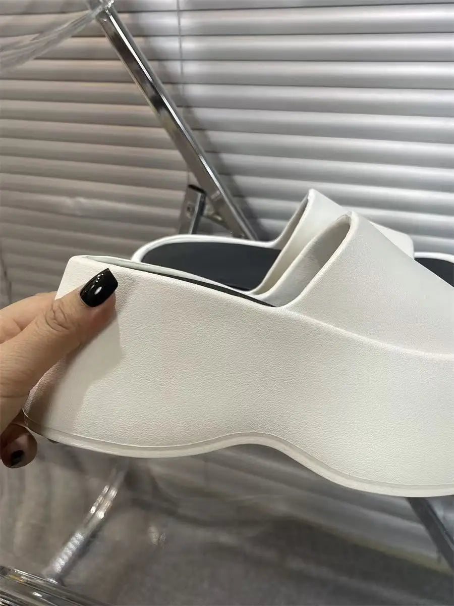 2025 New 8cm High Platform Slipper Woman White Chunky Slides Shoes For Summer Women's Height Increase Elevator Slipper