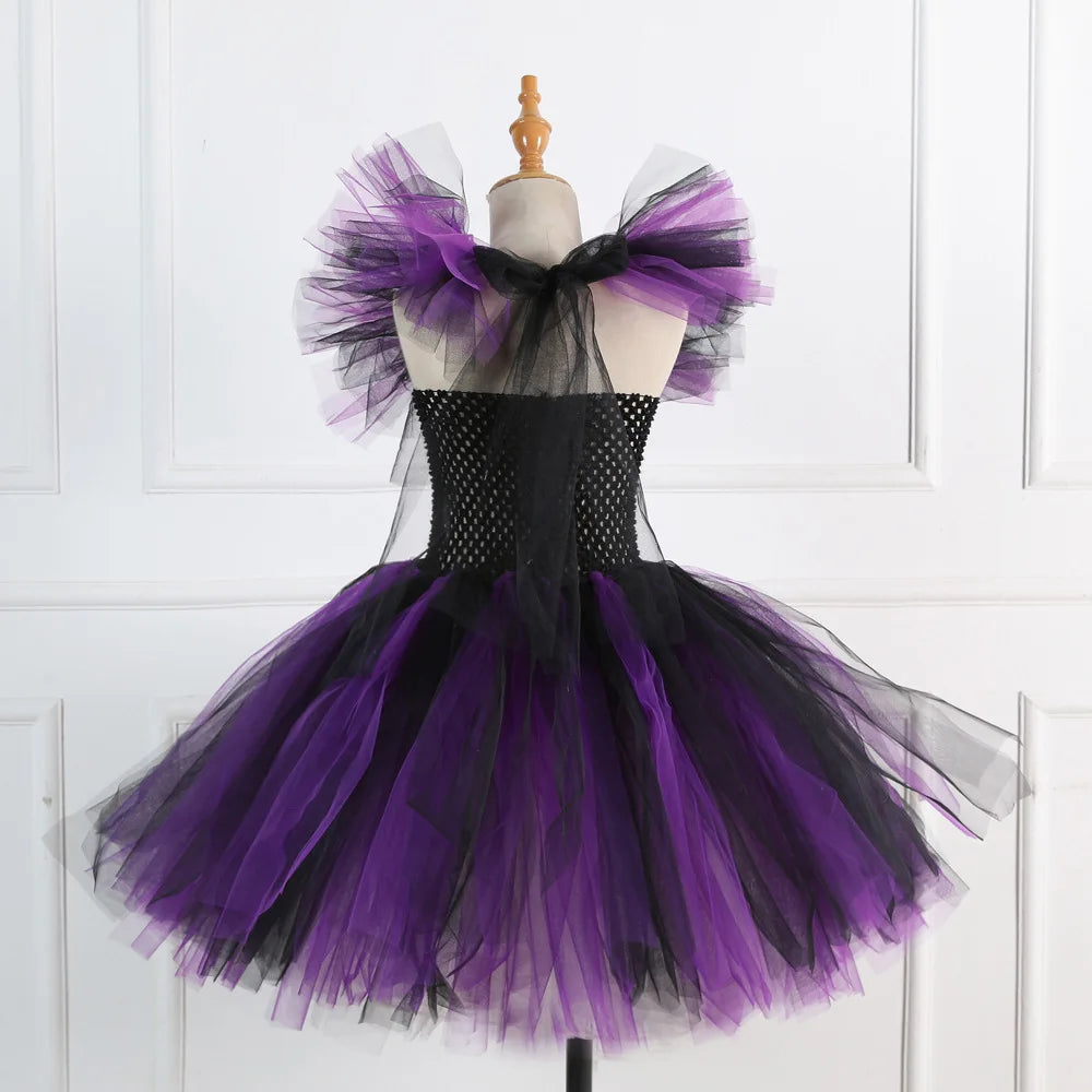 Halloween Costume for Kids Girls Witch Cosplay Tutu Knee Dress with Hat Broom Children Carnival Vestidos Fancy Clothes New