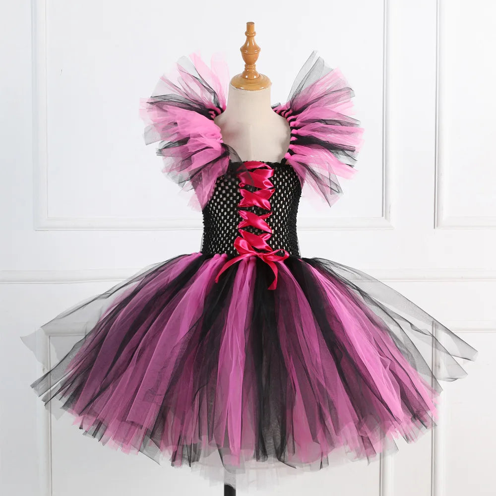 Halloween Costume for Kids Girls Witch Cosplay Tutu Knee Dress with Hat Broom Children Carnival Vestidos Fancy Clothes New