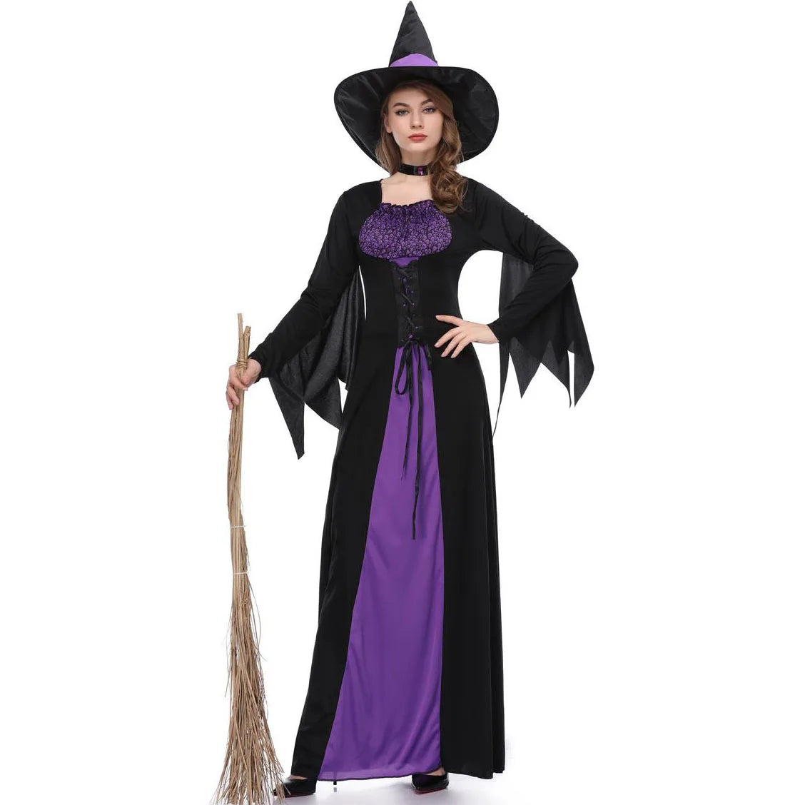 Halloween Gothic Witch Cosplay Costumes Women Sexy Witch Dress With Hat Carnival Party Performese Clothes