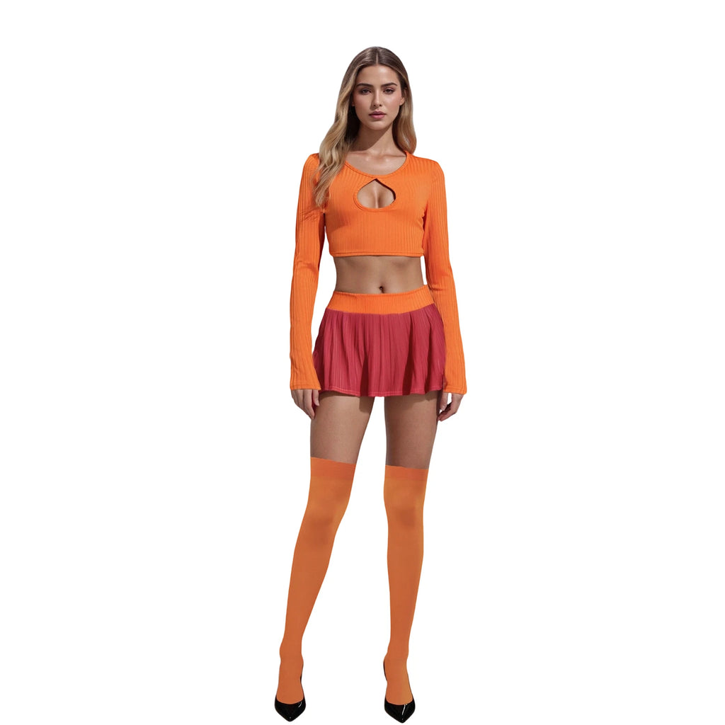 Halloween Cosplay Costume for Women Orange Long Sleeve Crop Tops and Pleated Mini Skirts with Stocking Party Clubwear
