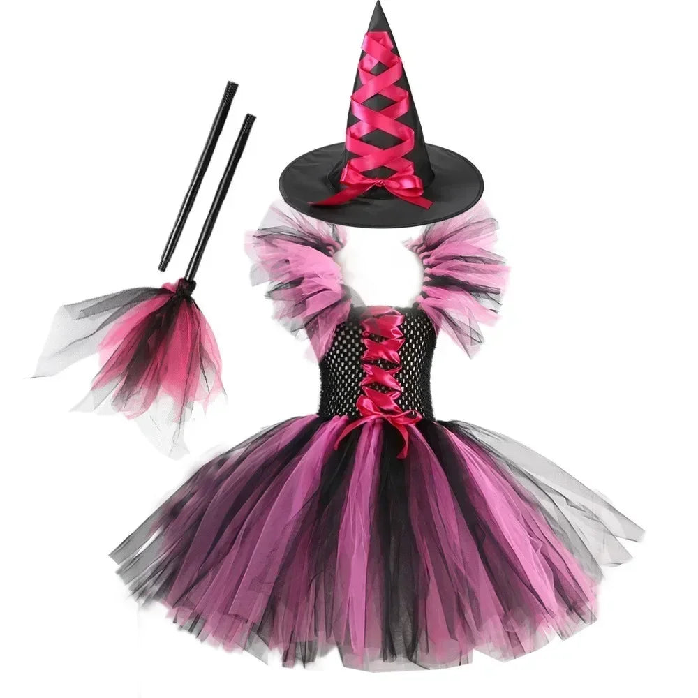 Halloween Costume for Kids Girls Witch Cosplay Tutu Knee Dress with Hat Broom Children Carnival Vestidos Fancy Clothes New