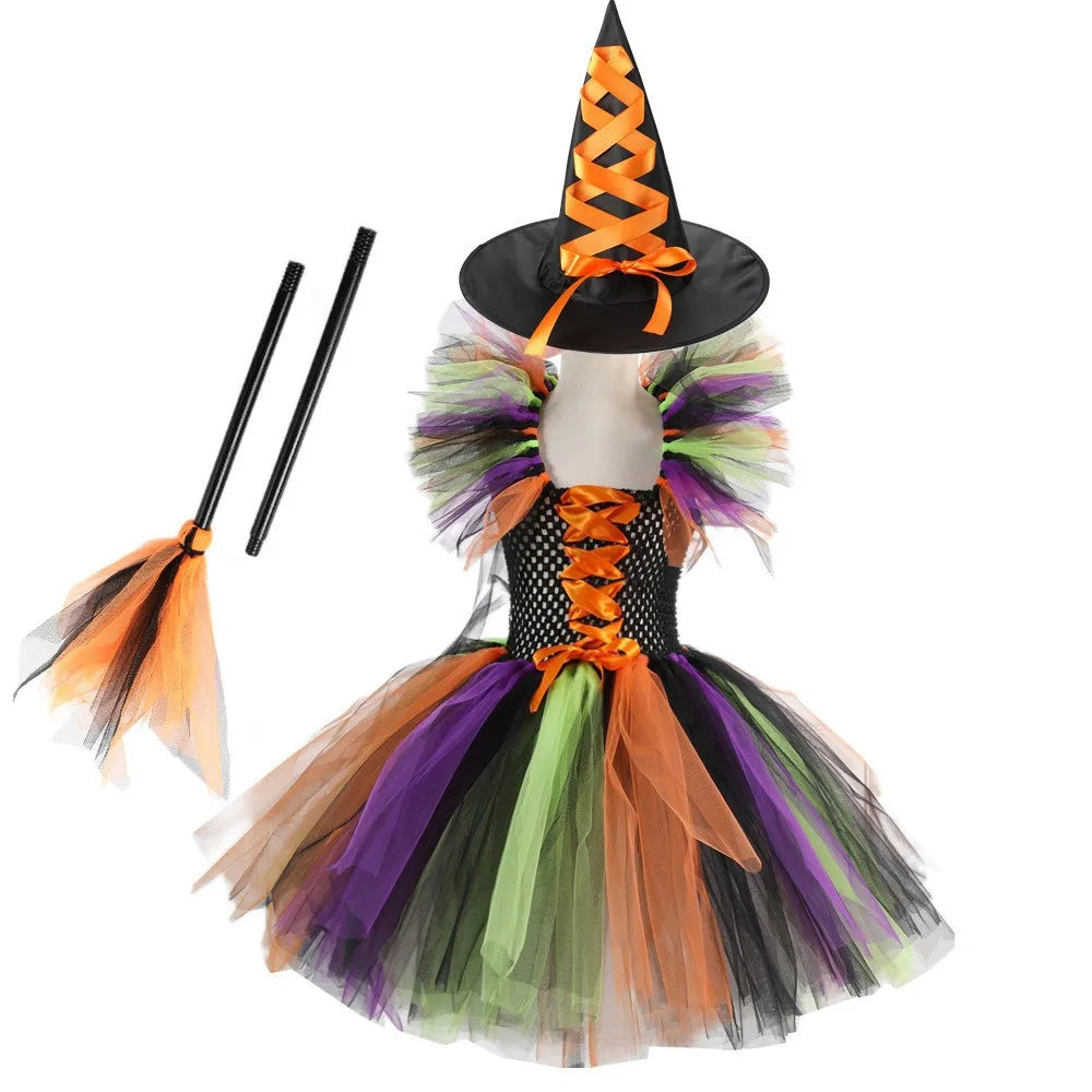 Halloween Costume for Kids Girls Witch Cosplay Tutu Knee Dress with Hat Broom Children Carnival Vestidos Fancy Clothes New