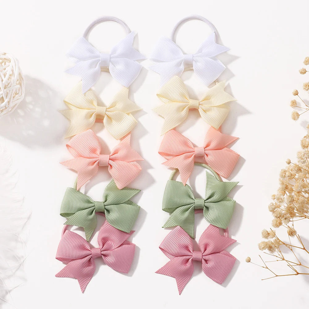 BABY BOWS 10Pcs/lot Girls Ribbon Hair Bows Rubber Band Kids Lovely Cheer Bowknot Hairband Boutique Children Headband Hairwear