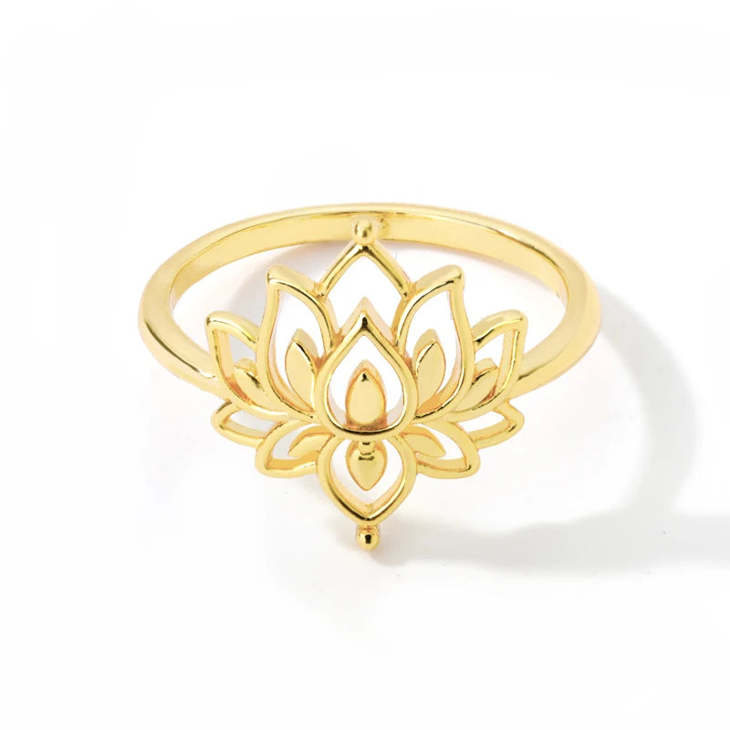 Stainless Steel Lotus Flower Ring for Women Gold Color Vintage Stone Opal Oval Flower Ring Fashion Aesthetic Jewelry Gift