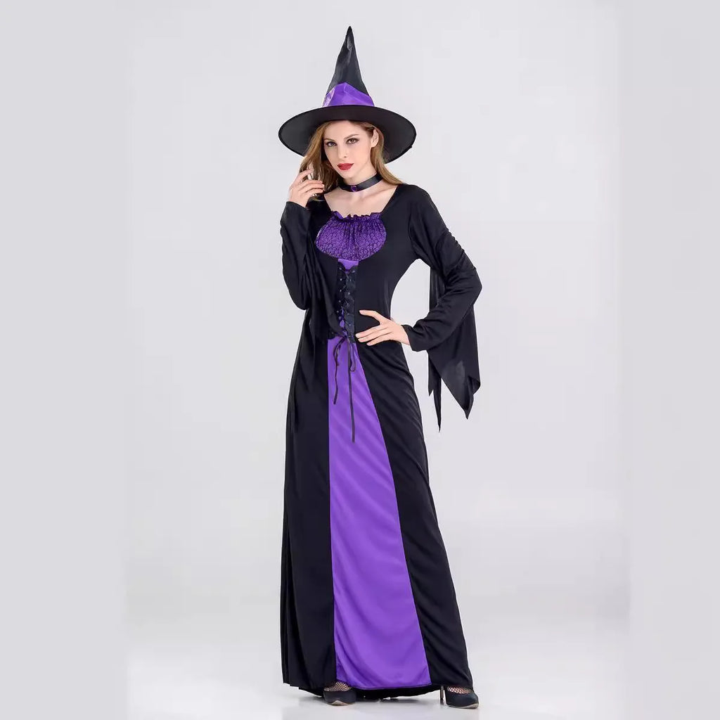 Halloween Gothic Witch Cosplay Costumes Women Sexy Witch Dress With Hat Carnival Party Performese Clothes