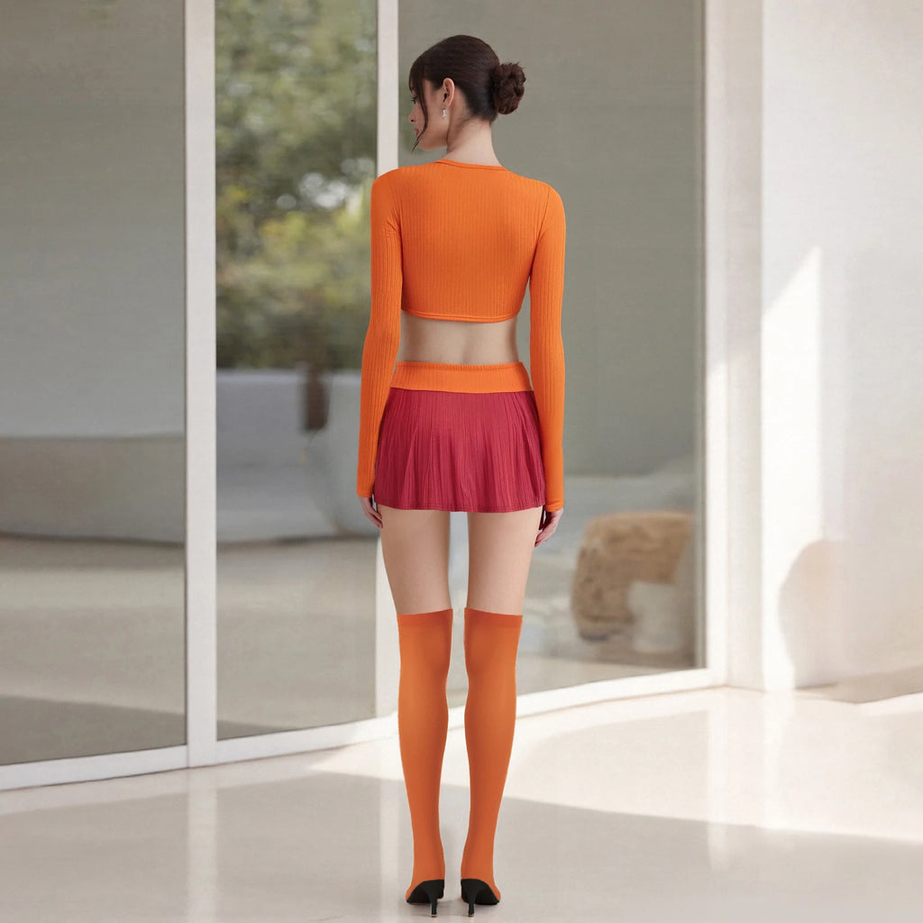 Halloween Cosplay Costume for Women Orange Long Sleeve Crop Tops and Pleated Mini Skirts with Stocking Party Clubwear