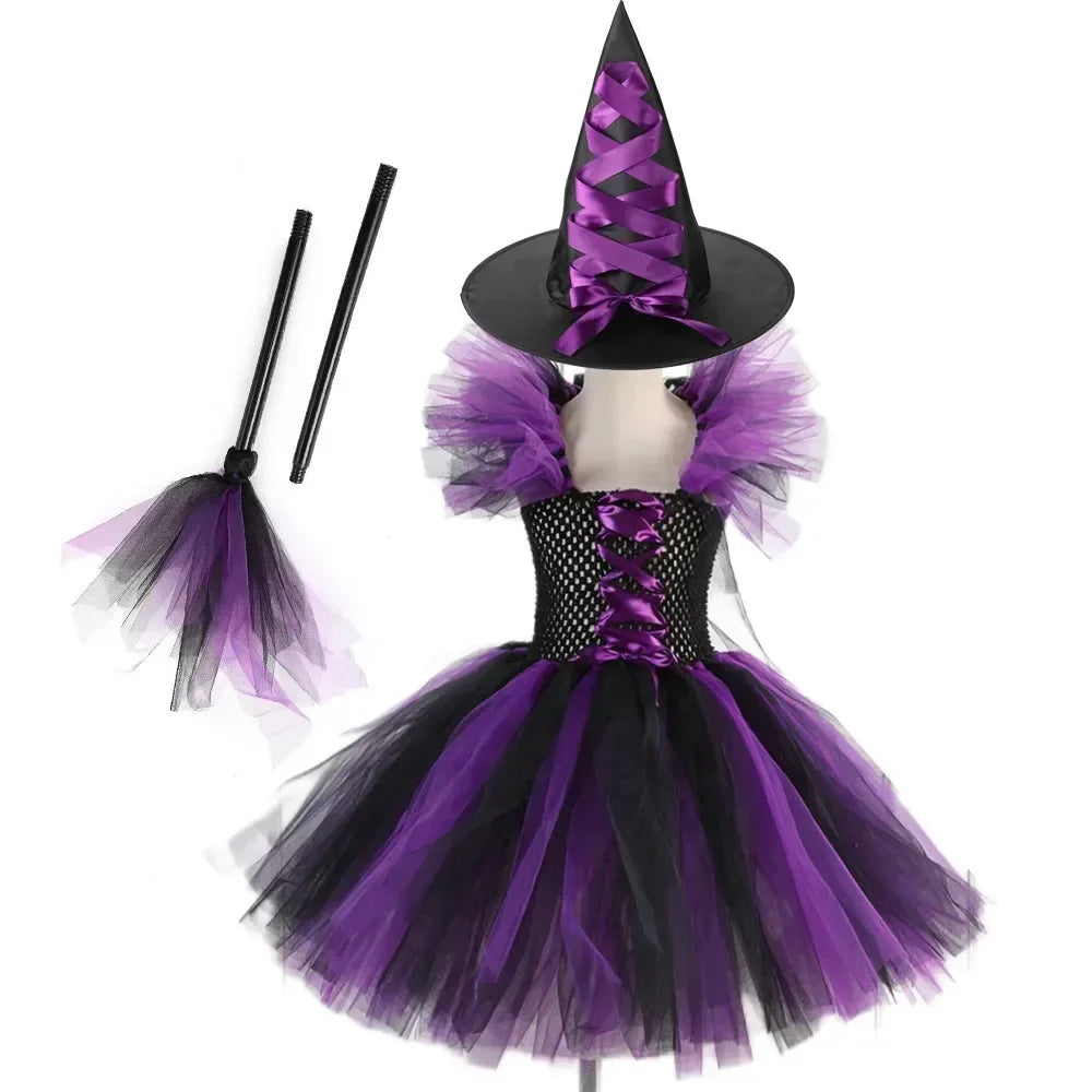 Halloween Costume for Kids Girls Witch Cosplay Tutu Knee Dress with Hat Broom Children Carnival Vestidos Fancy Clothes New