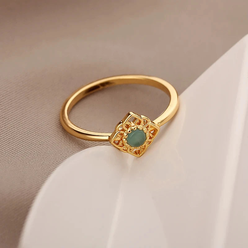 Stainless Steel Lotus Flower Ring for Women Gold Color Vintage Stone Opal Oval Flower Ring Fashion Aesthetic Jewelry Gift
