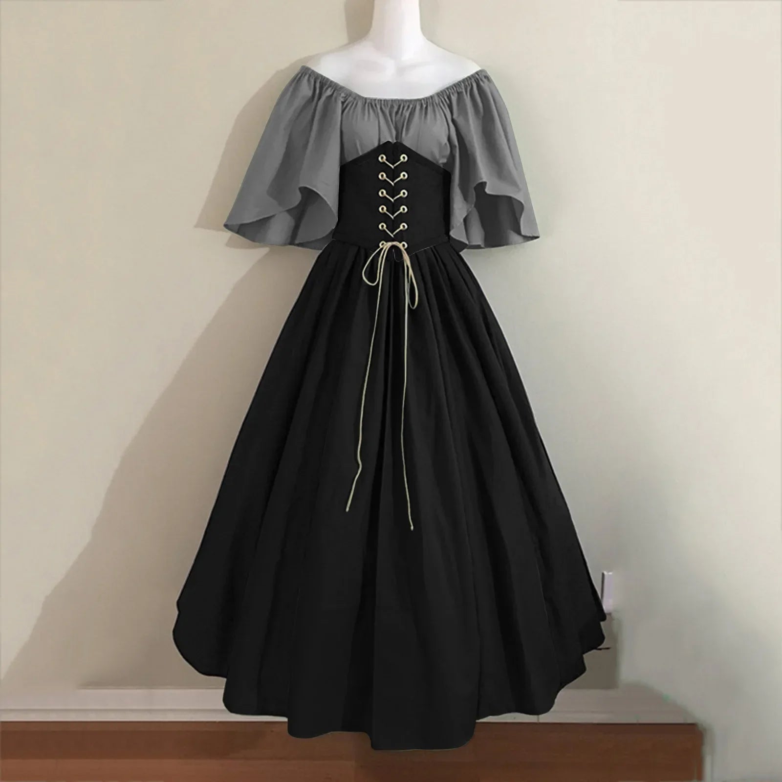 Halloween Costumes for Women Medieval Retro Contrasting Color Slim Swing Dress One-word Shoulder Dress Love Live Cosplay