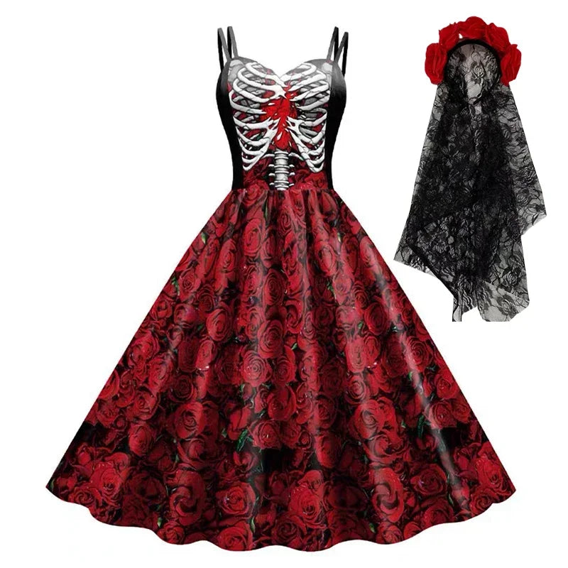 Halloween New Costumes for Women Skull Print Halter Dress Sleeveless Tunic Vintage Party Dresses Goth Clothes Masquerade Vestido