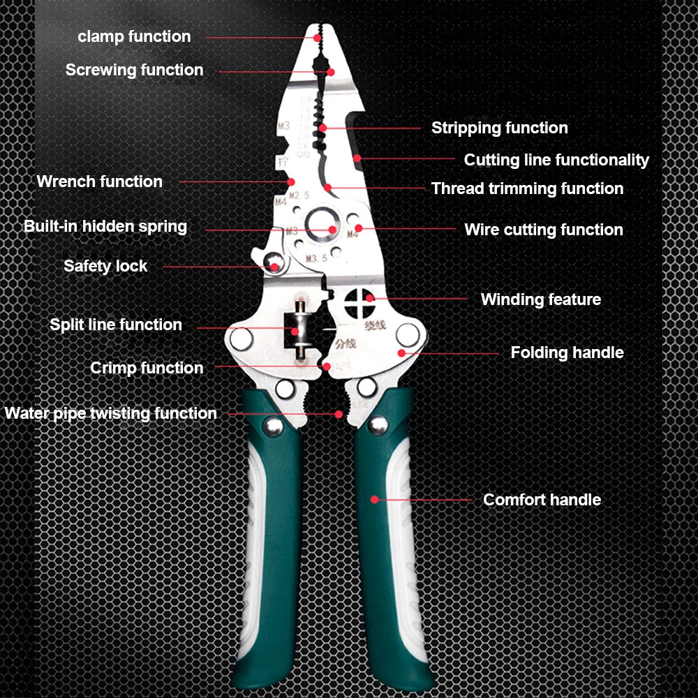 1Pcs Multifunctional Foldable Wire Stripper Crimper Cable Cutter Pliers Electrician Cable Cutting Wiring Pulling Stripping Tools