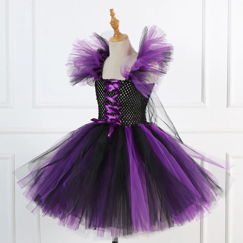 Halloween Costume for Kids Girls Witch Cosplay Tutu Knee Dress with Hat Broom Children Carnival Vestidos Fancy Clothes New