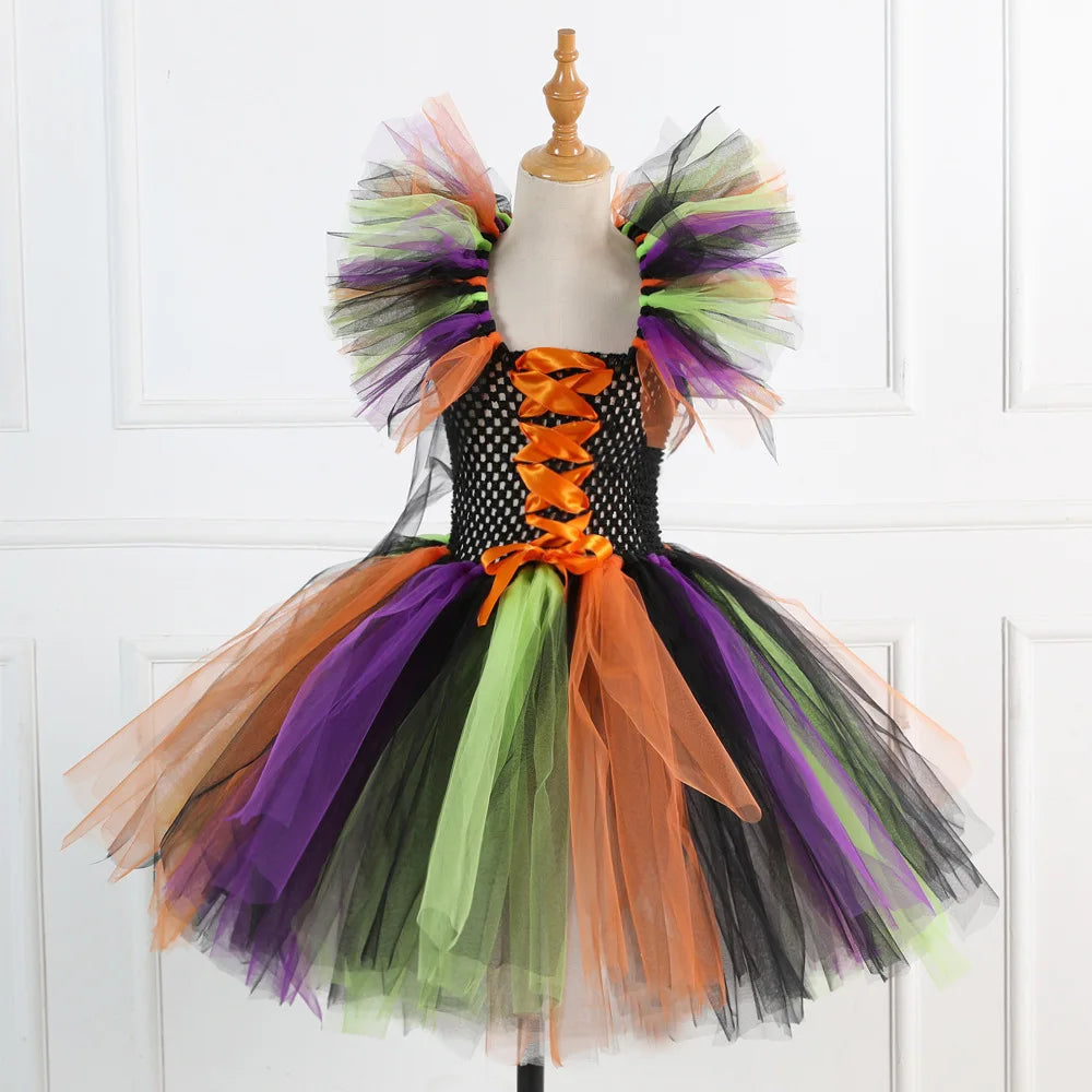 Halloween Costume for Kids Girls Witch Cosplay Tutu Knee Dress with Hat Broom Children Carnival Vestidos Fancy Clothes New