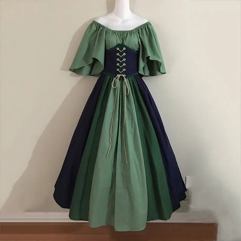 Halloween Costumes for Women Medieval Retro Contrasting Color Slim Swing Dress One-word Shoulder Dress Love Live Cosplay