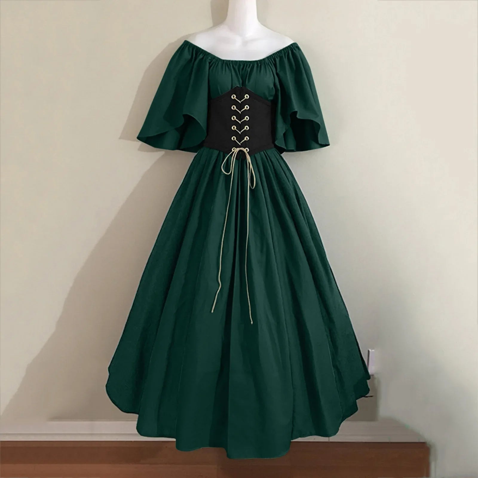 Halloween Costumes for Women Medieval Retro Contrasting Color Slim Swing Dress One-word Shoulder Dress Love Live Cosplay