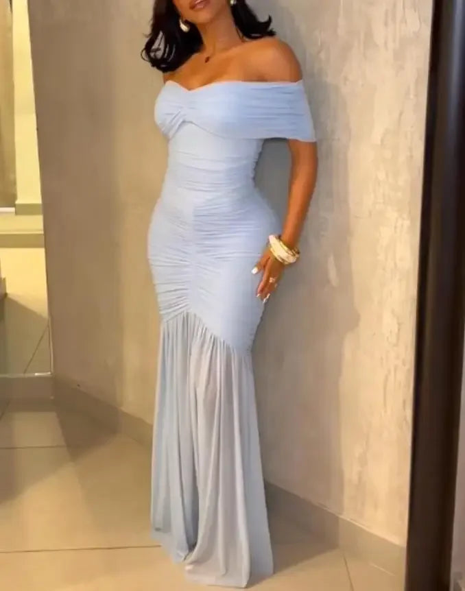 Dresses for Women 2025 Elegant Sexy Off Shoulder Ruched Cinched Waist Evening Dress Slim Fit Mermaid Hem Party Dress