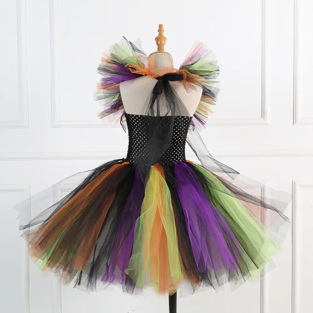 Halloween Costume for Kids Girls Witch Cosplay Tutu Knee Dress with Hat Broom Children Carnival Vestidos Fancy Clothes New