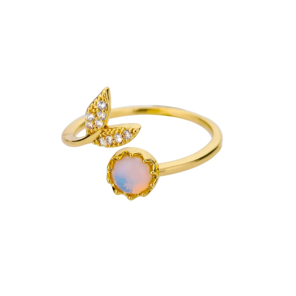 Stainless Steel Lotus Flower Ring for Women Gold Color Vintage Stone Opal Oval Flower Ring Fashion Aesthetic Jewelry Gift