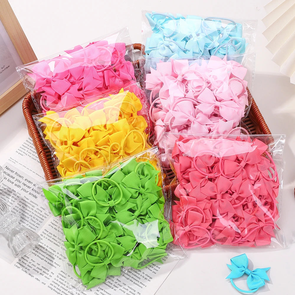 BABY BOWS 10Pcs/lot Girls Ribbon Hair Bows Rubber Band Kids Lovely Cheer Bowknot Hairband Boutique Children Headband Hairwear