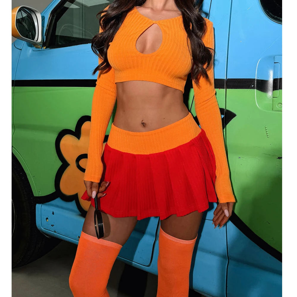 Halloween Cosplay Costume for Women Orange Long Sleeve Crop Tops and Pleated Mini Skirts with Stocking Party Clubwear