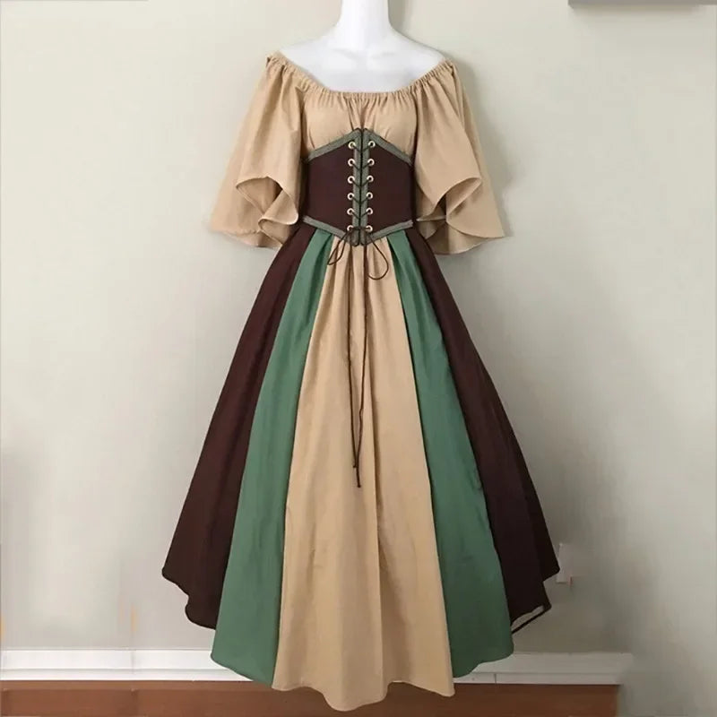 Halloween Costumes for Women Medieval Retro Contrasting Color Slim Swing Dress One-word Shoulder Dress Love Live Cosplay