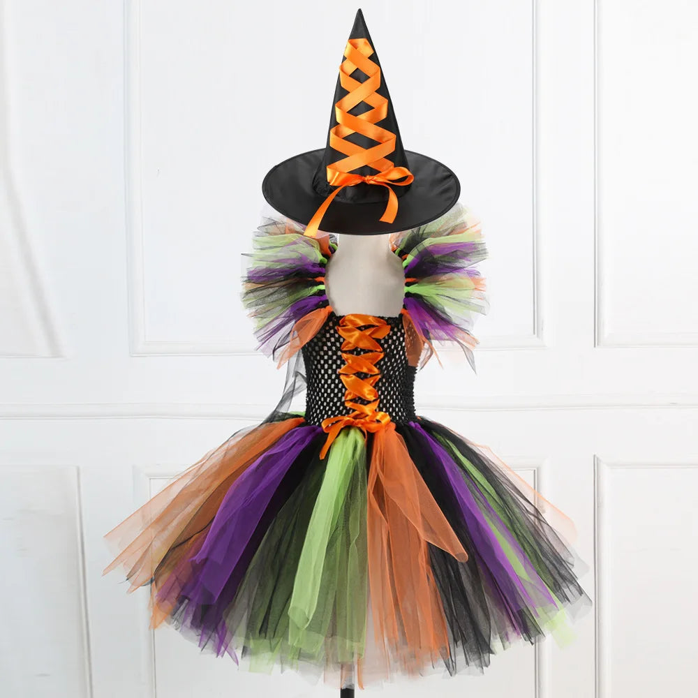 Halloween Costume for Kids Girls Witch Cosplay Tutu Knee Dress with Hat Broom Children Carnival Vestidos Fancy Clothes New