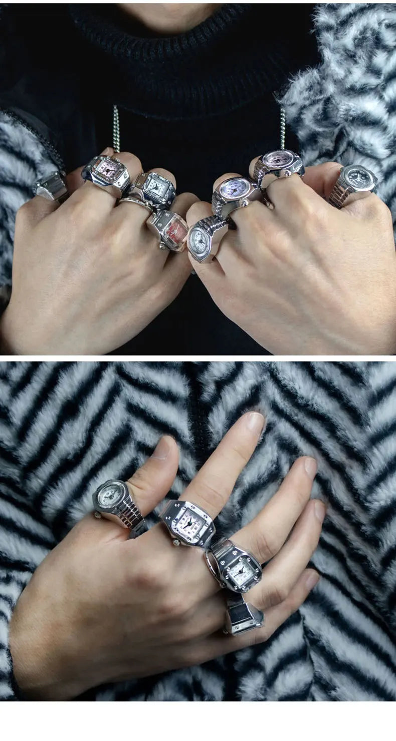 WLP 2023 Fashion Mini Quartz Watch Clock Finger Rings for Men Women Elastic Strap Punk Gothic Couple Roman Ring Jewelry Gift