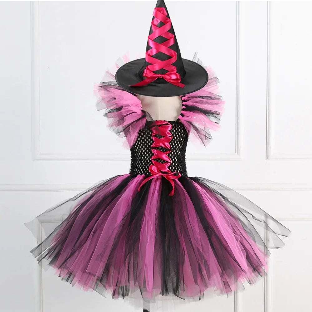 Halloween Costume for Kids Girls Witch Cosplay Tutu Knee Dress with Hat Broom Children Carnival Vestidos Fancy Clothes New