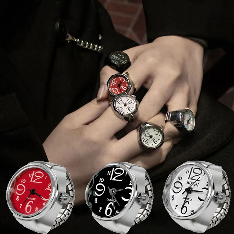 WLP 2023 Fashion Mini Quartz Watch Clock Finger Rings for Men Women Elastic Strap Punk Gothic Couple Roman Ring Jewelry Gift