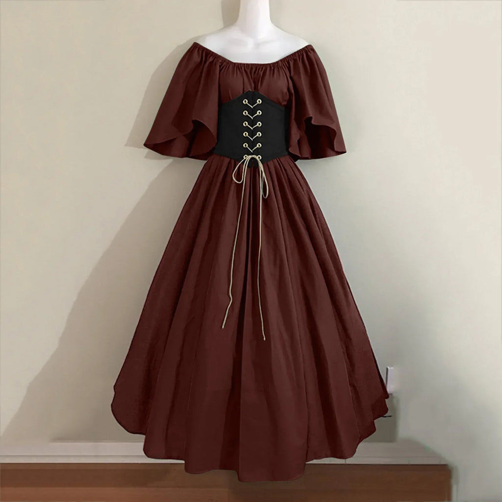 Halloween Costumes for Women Medieval Retro Contrasting Color Slim Swing Dress One-word Shoulder Dress Love Live Cosplay