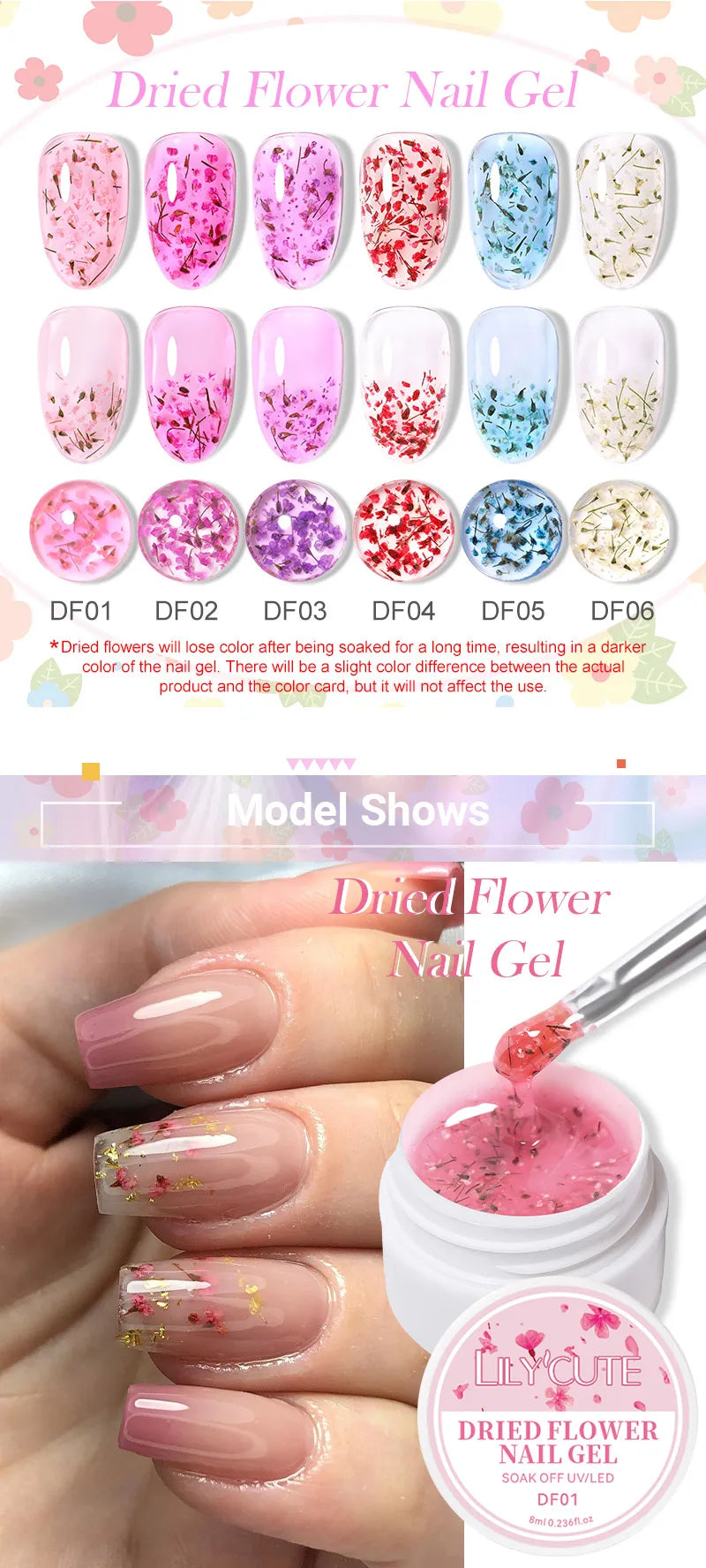 LILYCUTE 8ml Pink Dried Flower Gel Nail Polish Natural Flower Fairy Nail Art Gel Soak Off UV LED Painting Varnish For Nails DIY