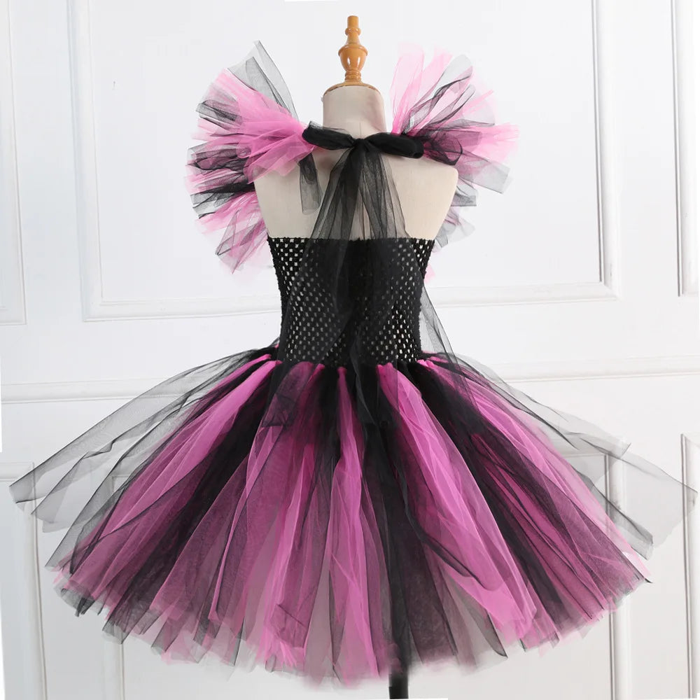 Halloween Costume for Kids Girls Witch Cosplay Tutu Knee Dress with Hat Broom Children Carnival Vestidos Fancy Clothes New