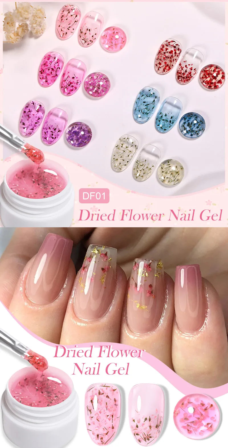 LILYCUTE 8ml Pink Dried Flower Gel Nail Polish Natural Flower Fairy Nail Art Gel Soak Off UV LED Painting Varnish For Nails DIY