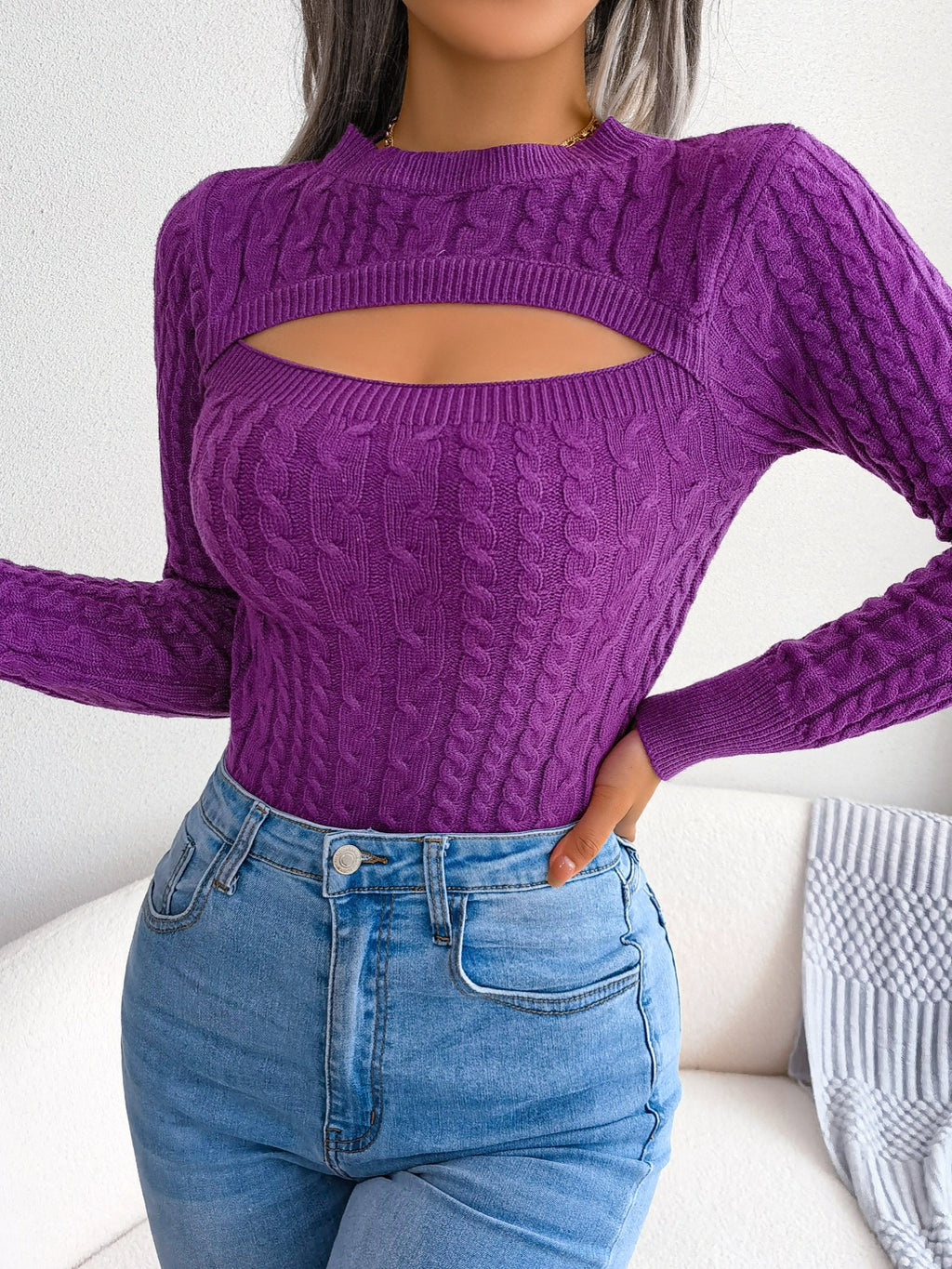 Long Sleeve High Stretch Acrylic Blend Women's Sexy Hollow-Out Knit Pullover Sweater, Skinny Fit, Solid Color, Spring/Fall Fashion Top, Crew Neck, Polyester 28%, Polyamide 22%, Viscose 28%